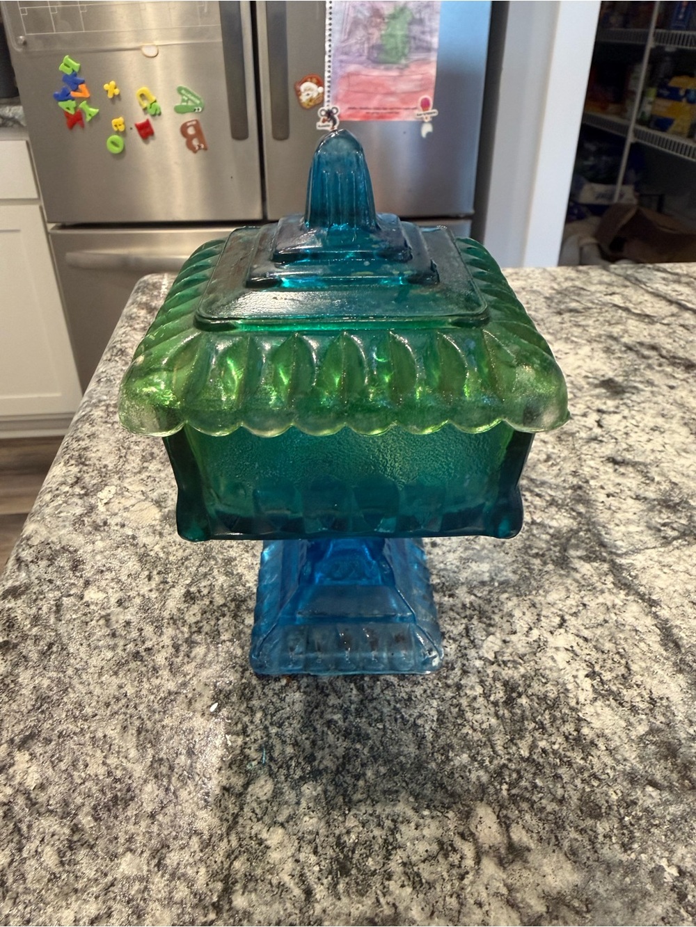 Blue & Green Glass Pedestal Covered Jar - Decorative Home Accent